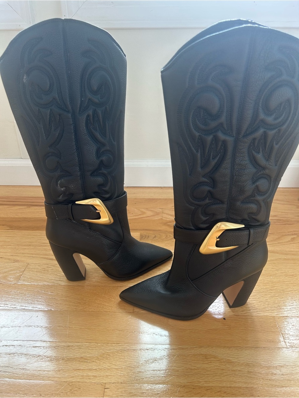 Vince Camuto Black Western-Style Mid-Calf Heeled Boots with Gold Buckle